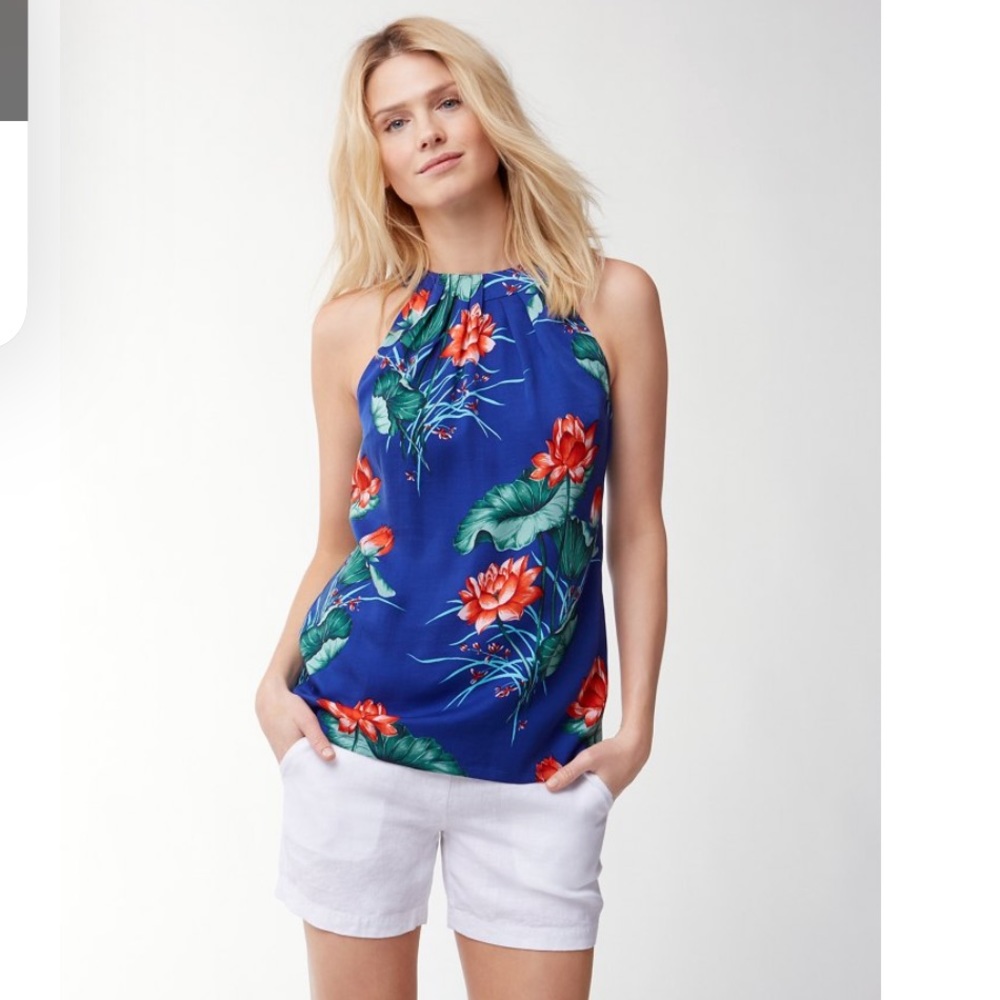 Tommy Bahama Blue Floral Halter Tank with Red-Orange Flowers